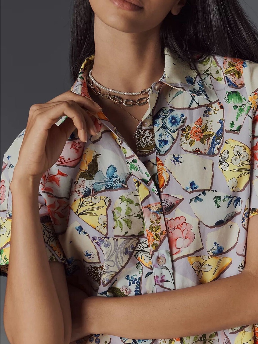 Anthropologie Cream Multicolor Floral Map-Print Short Shirt Dress - Picture 4 of 7